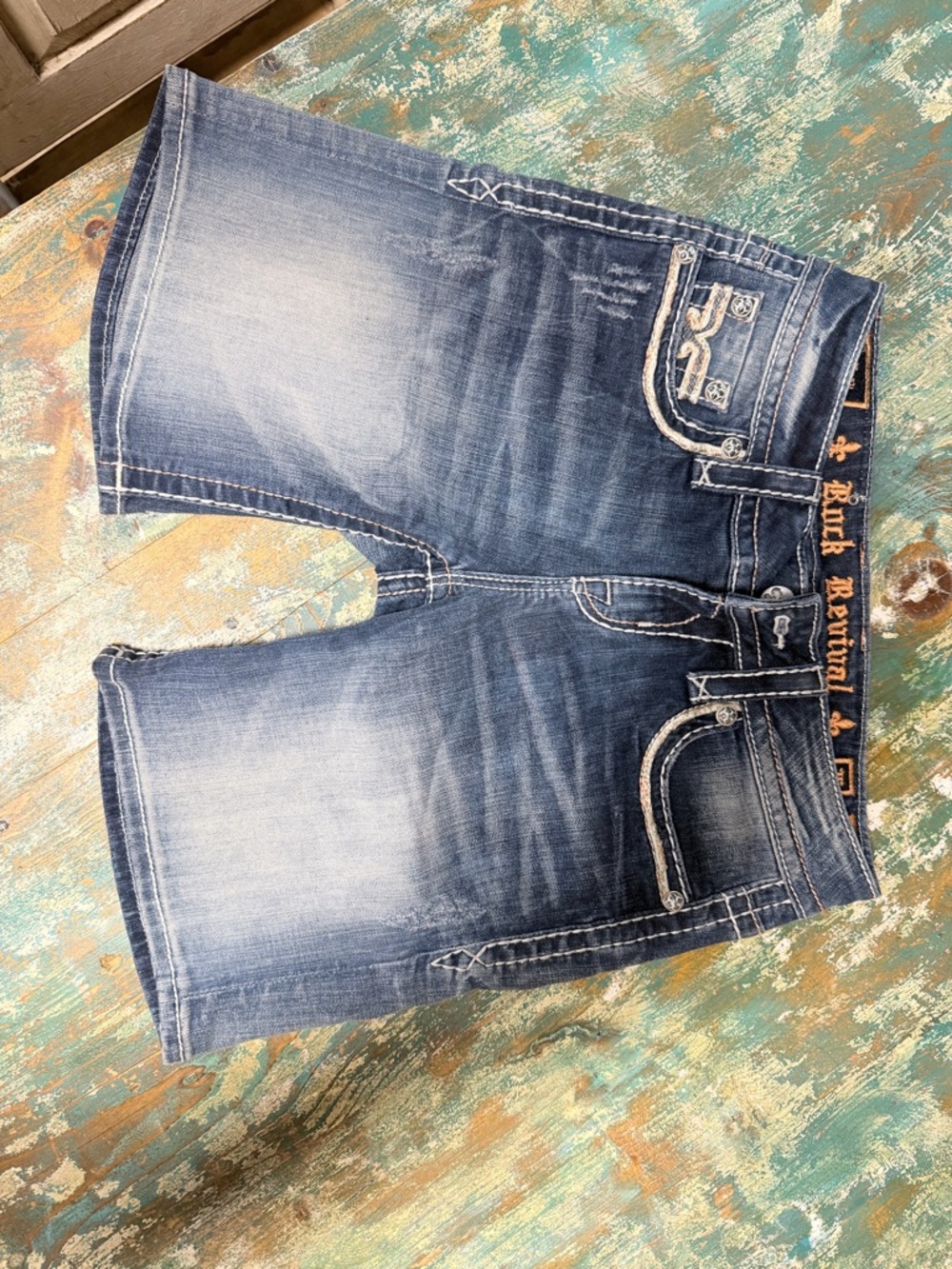 Rock Revival Faded Indigo Denim Shorts with Contrast Stitching